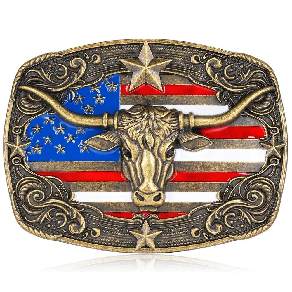 7476 Cowboy Belt Buckles American Flag Western Longhorn Belt Buckle Western